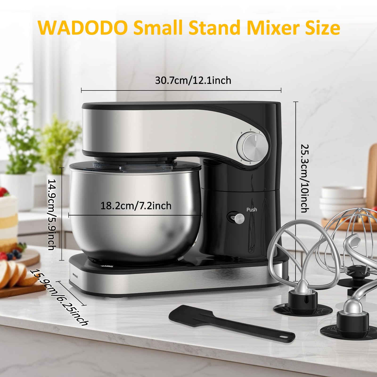 WADODO Stand Mixer, 3.2Qt Small Kitchen Mixer,6 Speeds Electric Food Mixer,Lightweight 304 Stainless Steel Kitchen Mixer with Bowl, Egg Whisk, Dough Hook, Flat Beater & Splash Guard - for Daily Use