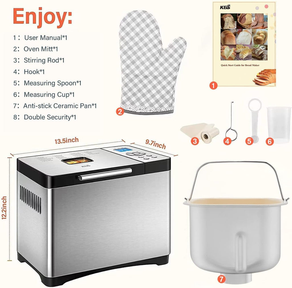 Automat do pieczenia chleba KBS 2LB, 19 w 1, stal nierdzewna, z ceramiczną patelnią, timerem 15 godz. i funkcją podtrzymywania ciepła 1 godz., chleb na zakwasie, bezglutenowy, o mocy 650 W, 3 rozmiary bochenków, 3 kolory skórki, przepisy