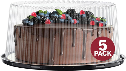 10 - 11" Plastic Disposable Cake Containers Carriers With Dome Lids And Cake Boards [5 Pack] And Cake Server | Round Bundt Cake Boxes / Cover | 2-3 Layer Cake Holder Display Containers For Transport