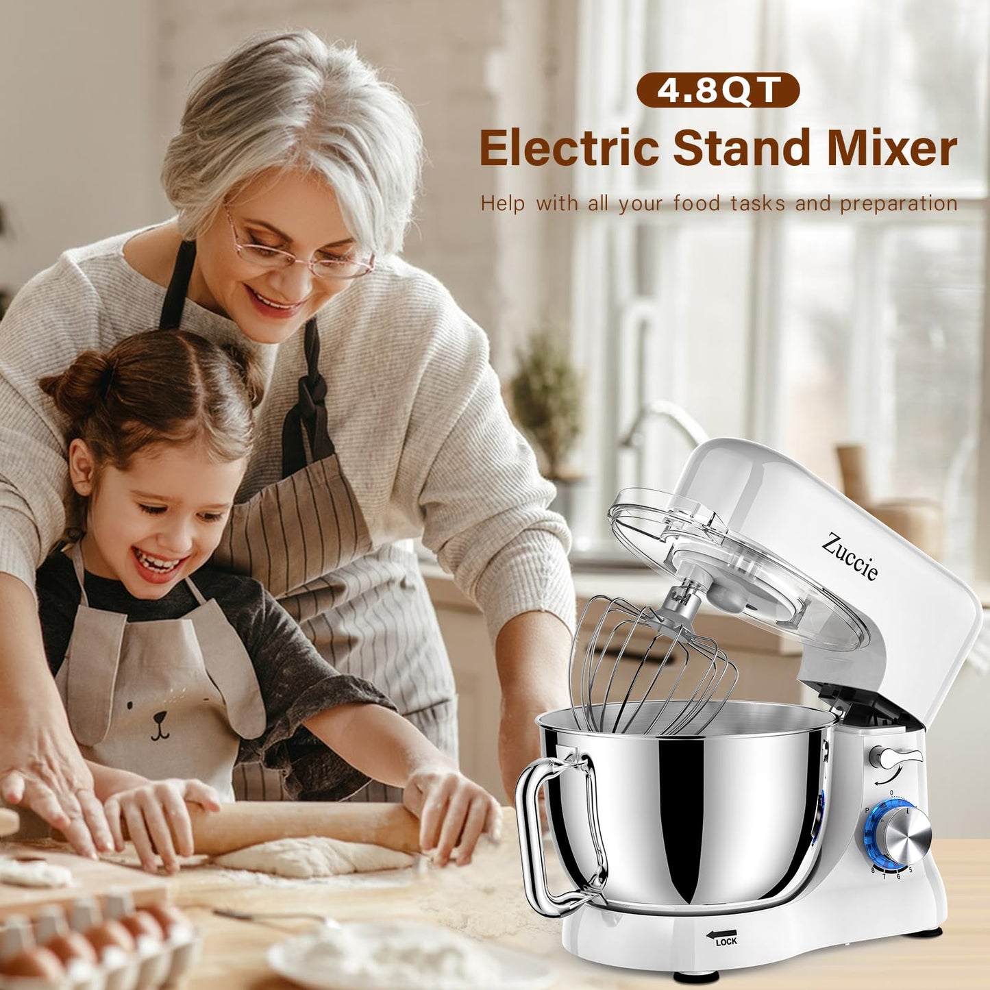 Stand Mixer, Zuccie 4.8QT Kitchen Electric Stand Mixer, 380W Motor Power Food Mixer, 8+P-Speed Dough Mixer with Dough Hook, Wire Whip & Beater, White