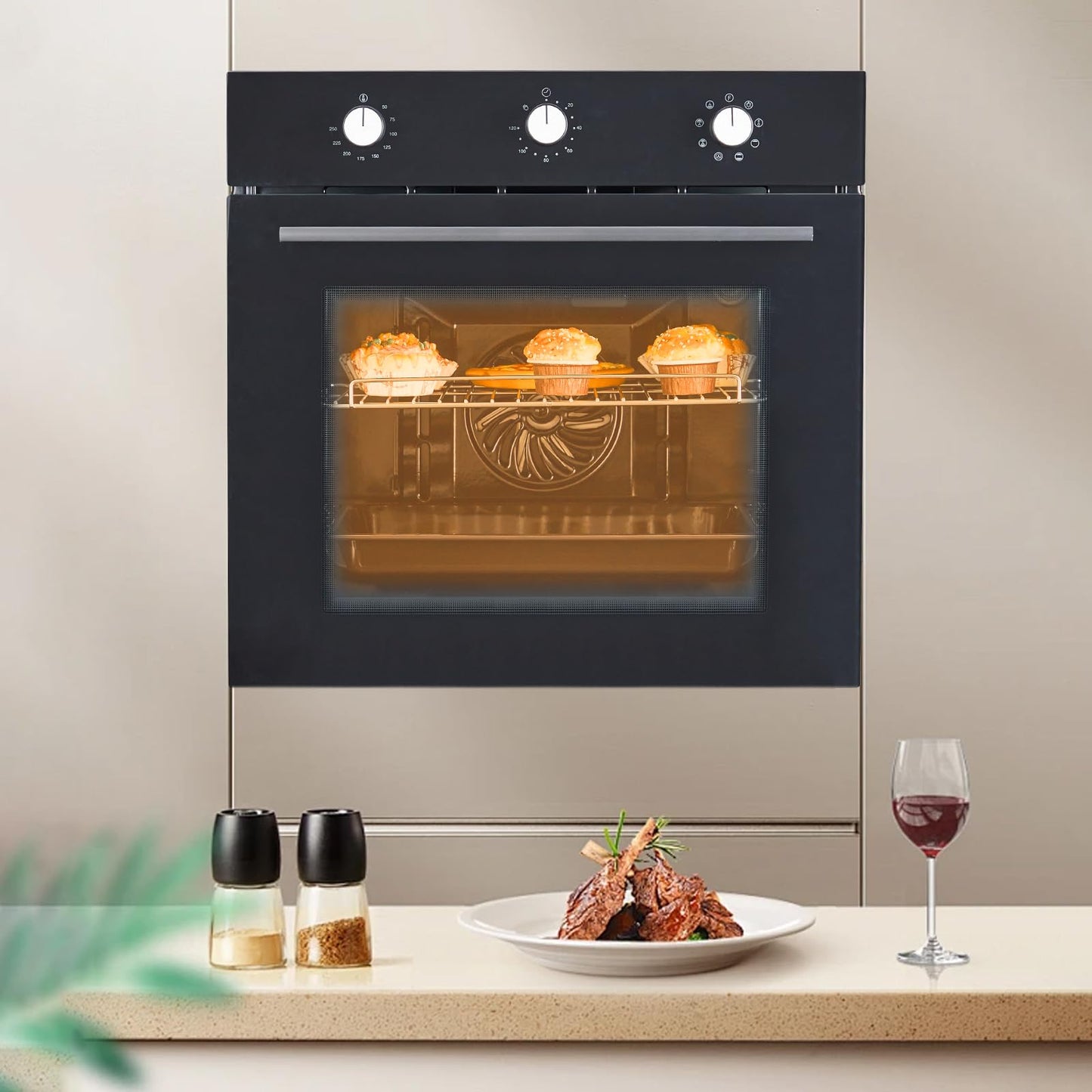 24" Electric Single Wall Oven with 8 Baking Modes 2.5Cu.ft Built-in Electric Convection Oven with Air Frying Function 3D Surround Heating with Double-Layered Glass Door 3000W Silver