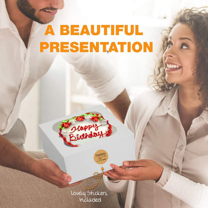 SELMY CAKE BOXES 10 inch Cake Box with Boards and Stickers [12-Pack] Cake Box with Window White Cake Boxes 10x10x5