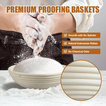 Banneton Bread Proofing Basket Banneton Basket Set Sourdough Proofing Basket Round Proofing Bowls Handmade Rattan Baskets and Liners (Round 9 inch set of 2)