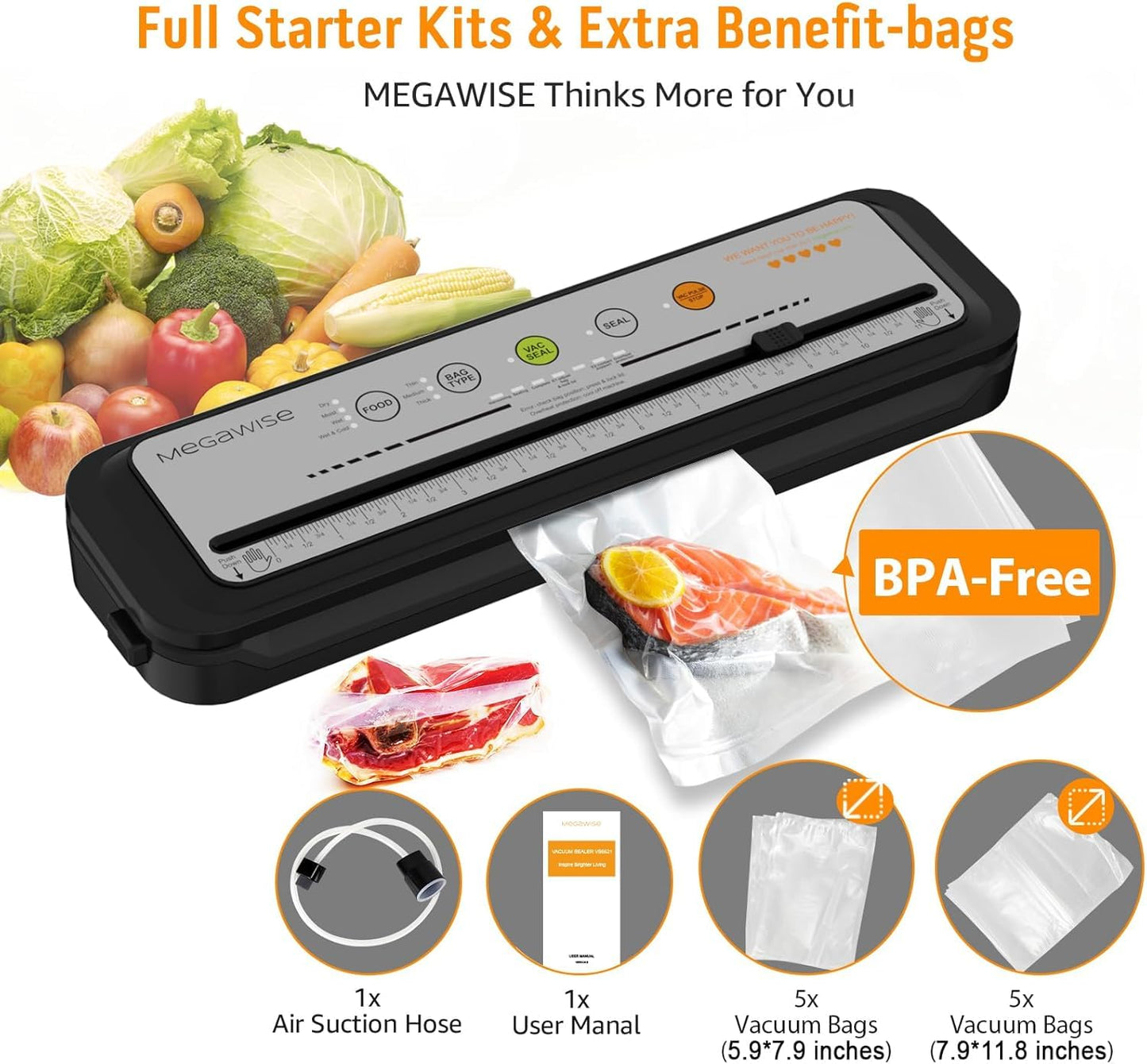 2023 Updated Vacuum Sealer Machine, MEGAWISE Food Sealer w/Starter Kit, Dry & Moist Food Modes, Compact Design with 10 Vacuum Bags & Bulit-in Cutter(Grey)