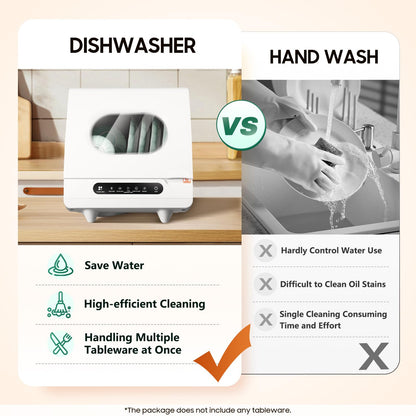 Portable tabletop dishwasher, compact dishwasher with tank, leak-proof drying, 360° spray arm, 5 programmes, for houses, flats and dormitories, white.