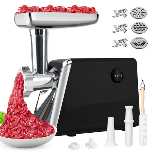 Meat Grinder: [3500W Advanced Motor] [Ultra-Intelligent Thermal Protection] Upgraded Sausage Stuffer with 6 PCS Stainless Steel Blades&Grinding Plates, Sausage Stuffer Tubes&Kubbe (Black)