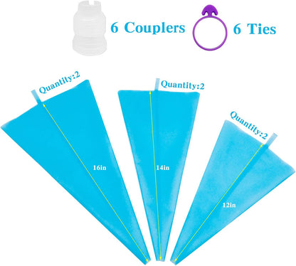 Reusable Piping Bags,6 Silicone Pastry Bags In 3 Size (12"+14"+16"),6 Icing Couplers For Standard Tips,6 Frosting Bag Ties Cake Decorating Supplies For Cupcakes,Cookies,Candy and Cake Decorating