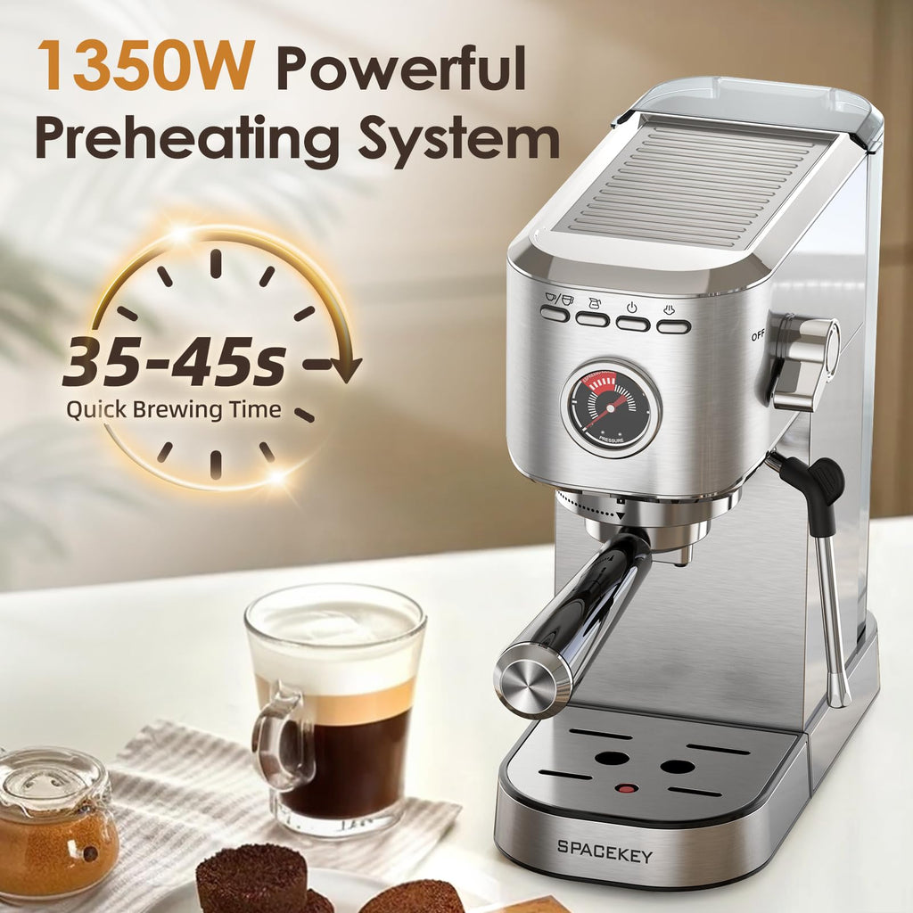 Ekspres do kawy Spacekey 20 barów, profesjonalny ekspres do kawy o mocy 1350 W ze spieniaczem do mleka, kompaktowy ekspres do cappuccino, latte i americano ze stali nierdzewnej z wyjmowanym zbiornikiem na wodę o pojemności 39 uncji, srebrny
