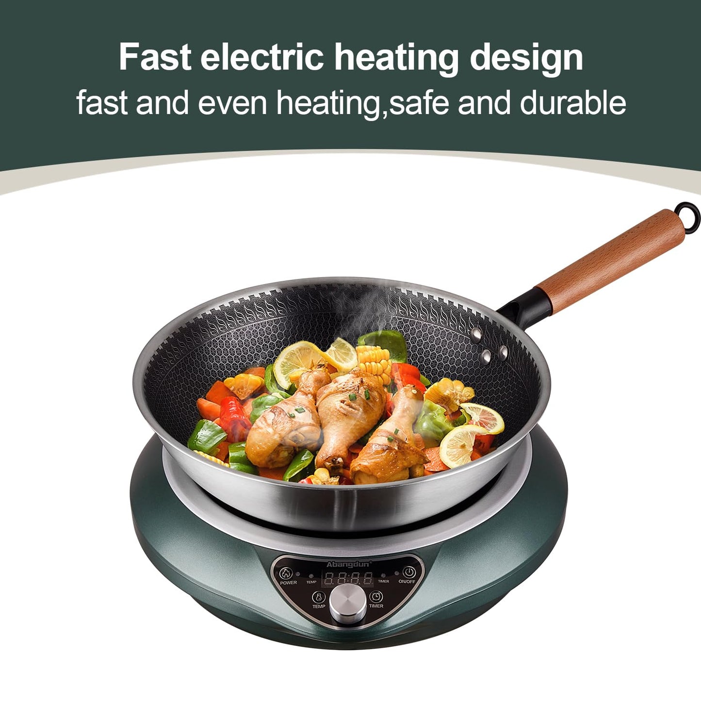 Abangdun Wok Induction Cooktop 1700W 120V Wok Burner Induction Curved Electric Stove Hot Plate Round Bottom Frying Wok Evenly