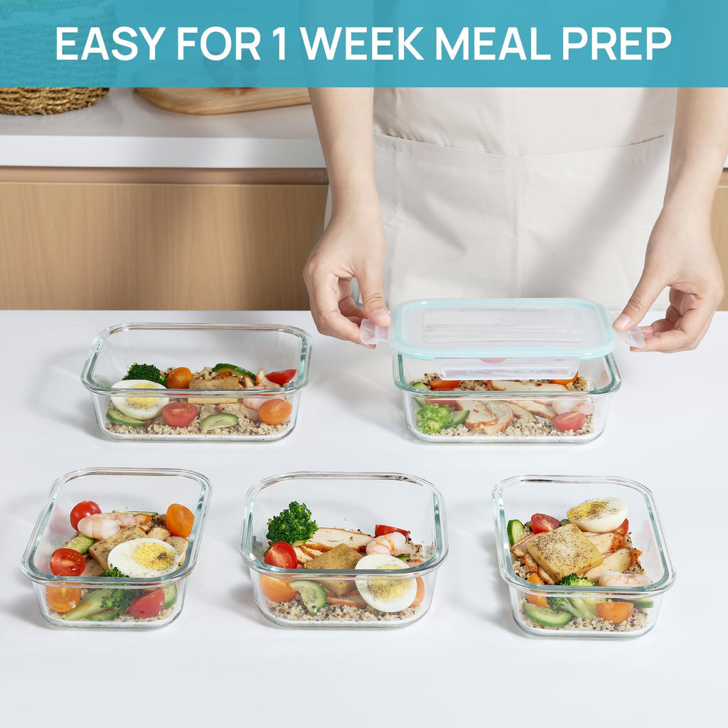 Vtopmart 8 Pack Szklane pojemniki do przechowywania żywności z hermetycznymi pokrywkami, Szklane pojemniki do przygotowywania posiłków, Bento Boxy na lunch, do kuchenki mikrofalowej, piekarnika, zamrażarki i zmywarki, bez BPA