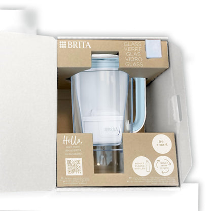 BRITA Glass Water Filter Jug Light Blue (2.5L) Starter Pack inc. 3X MAXTRA PRO All-in-1 Cartridge - Premium Glass jug with Easy-Filling Flip-Lid and Indicator - in Sustainable Smart Box Packaging