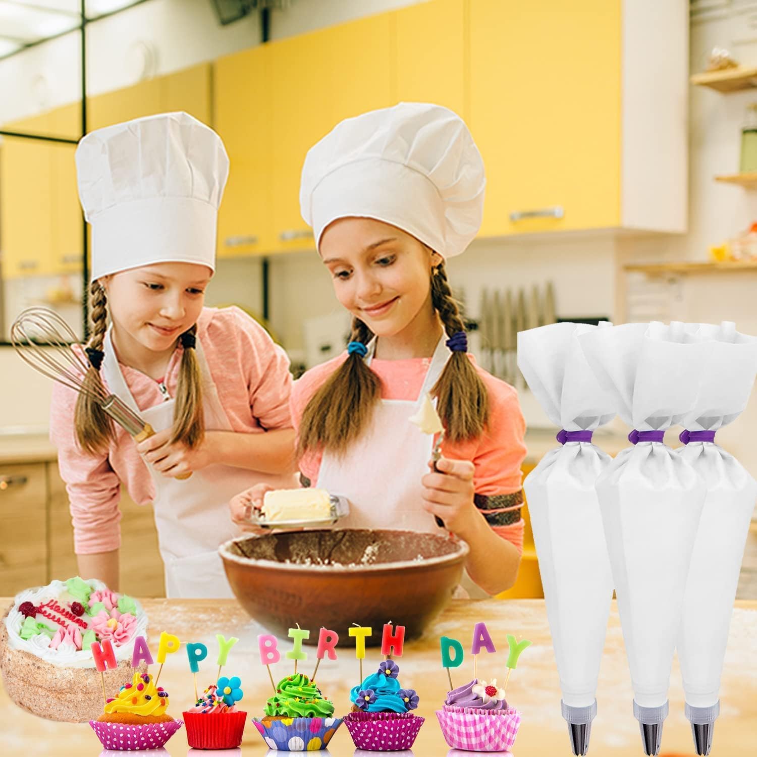 Reusable Cotton Piping Bags and Tips Set- Frosting Piping Kit for Baking 6pcs Large Stainless Icing Tips for Cake Decorating- Icing Bag,Coupler I Professional Cupcake Kit