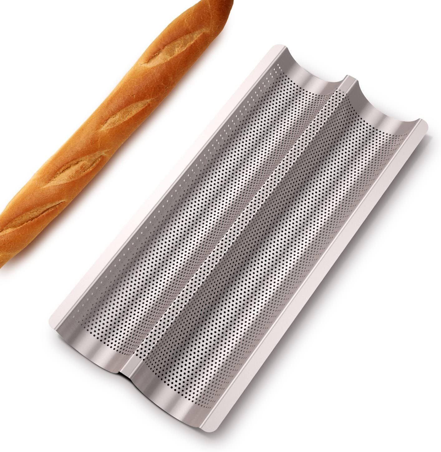 Baguette Pan French Bread Pans For Baking Pans, Nonstick 2 Slots Perforated Italian Loaf Pan Mold Long French Bread Pan Golden