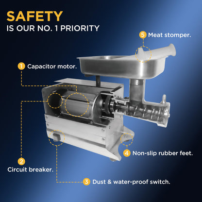 Valley Sportsman #22 Stainless Steel Meat Grinder, 1 HP 750W, Mirror Polishing, Heavy Duty, Sausage Stuffer with 4.5mm/10mm Grinding Plates, Sausage Tubes & Meat Stomper, for Commercial & Daily Use