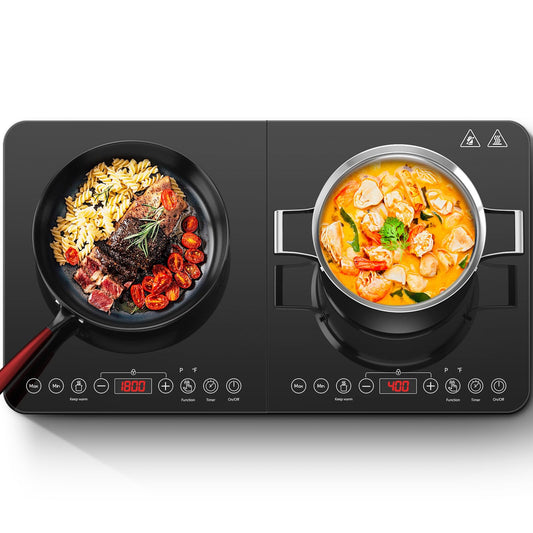 Aobosi Double Induction Cooktop,Portable Induction Cooker with 2 Burner Independent Control,Ultrathin Body,10 Temperature,1800W-Multiple Power Levels,4 Hour Timer,Safety Lock