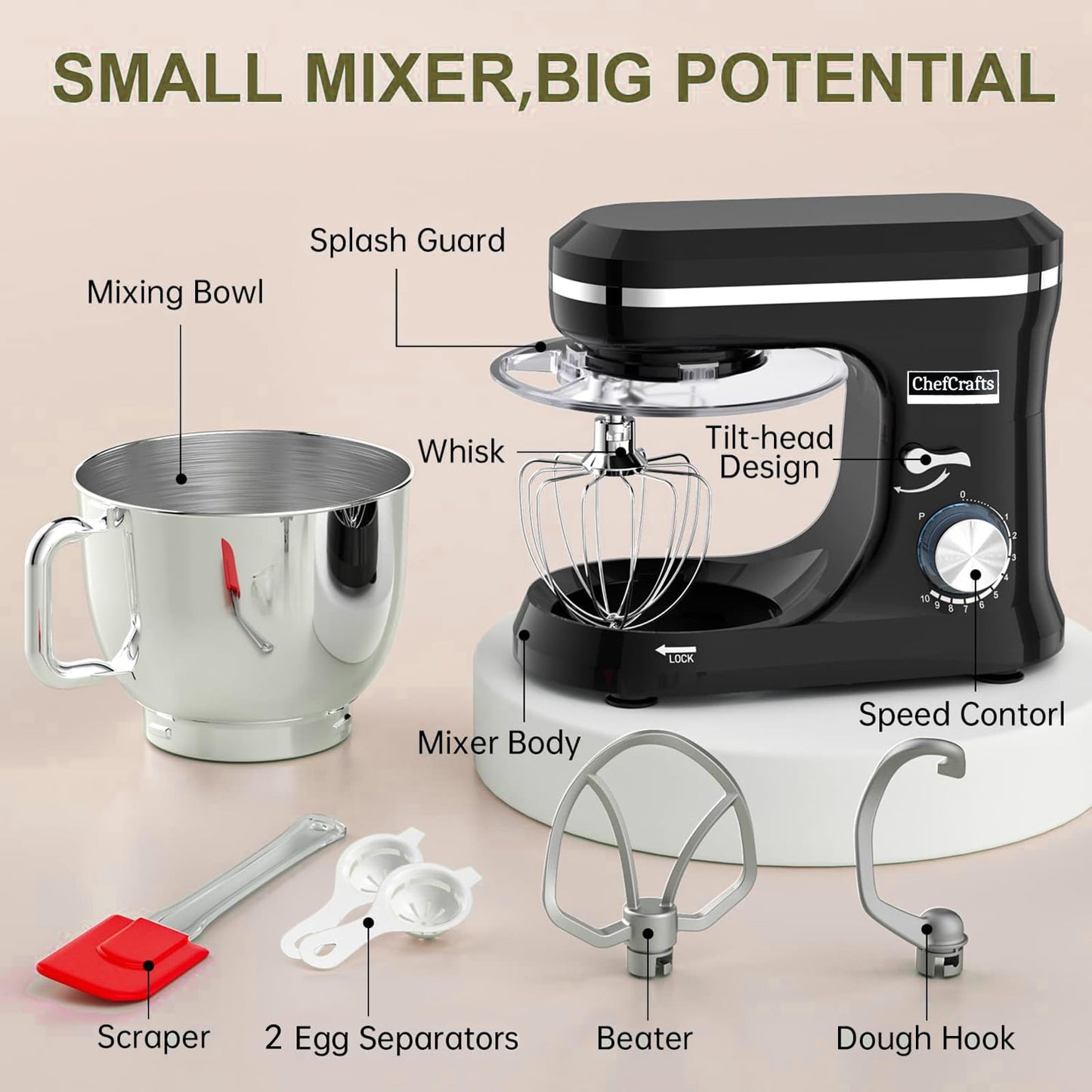 Electric Stand Mixer with 6.5 Quart Bowl, Household Food Mixer 10+p Speeds 660W, Kitchen Tilt-Head Bread Dough and Cake Mixers with Dough Hook, Whisk, Beater, Splash Guard and Egg Separator (Black)