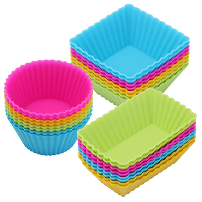 24Pack Silicone Muffin Cups, Reusable Cupcake Liners Molds for Baking, 3 Shapes Lunch Box Bento Dividers-Round, Square, and Rectangular (Neutral Colors, Regular Size)