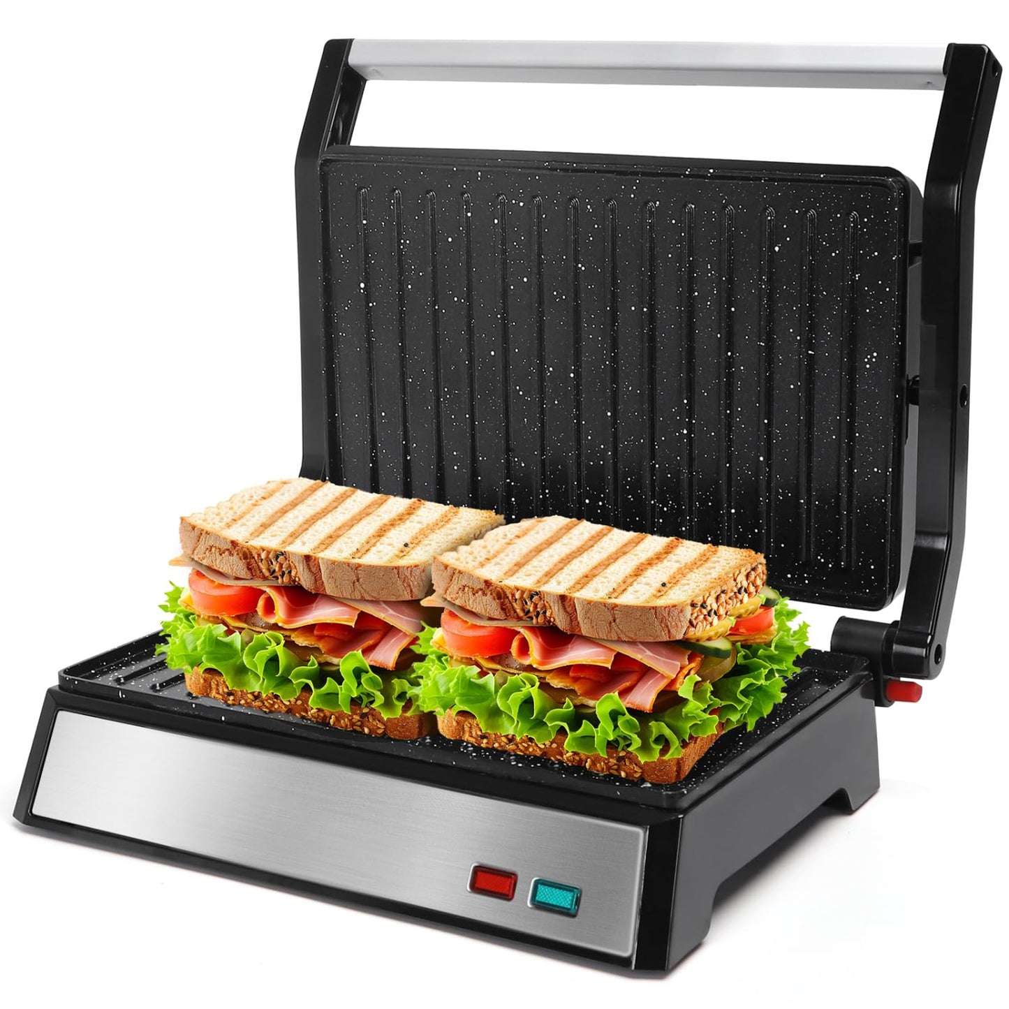 Aigostar Panini Press, 1200W Sandwich Maker and Electric Indoor Grill with Ceramic Non-Stick Coated Plates, Opens 180°to Fit Any Size of Food, Stainless Steel Surface & Removable Drip Tray, Silver