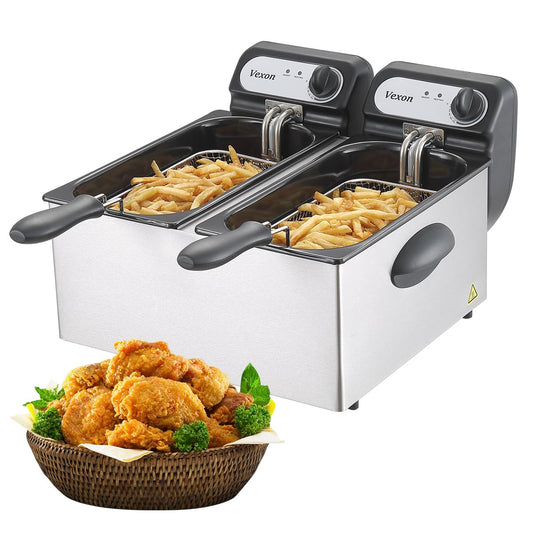 3000W Commercial Electric Deep Fryer With Baskets & Lids,2x3L Stainless Steel Double Deep Fryer,Small Deep Fryer With Basket,Temperature Control,Overheat Protection