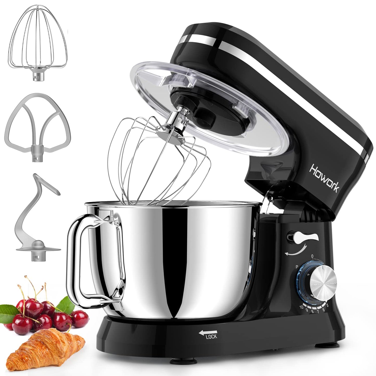 HOWORK Electric Stand Mixer,10+p Speeds With 6.5QT Stainless Steel Bowl,Dough Hook, Wire Whip & Beater,for Most Home Cooks,Black