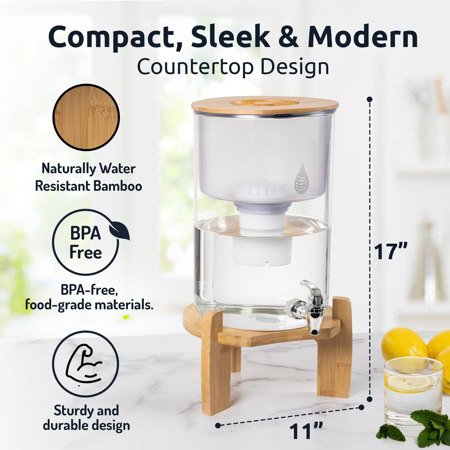 Invigorated Water pH Recharge Alkaline Water Filter Dispenser – BPA-Free Glass Countertop Water Filter Pitcher Purifier for Home & Office, 36-Cup Capacity, 360L Long Filter Life (Bamboo Classic)