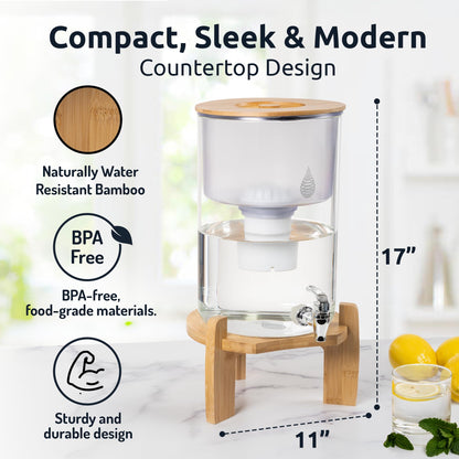 Invigorated Water pH Recharge Alkaline Water Filter Dispenser – BPA-Free Glass Countertop Water Filter Pitcher Purifier for Home & Office, 36-Cup Capacity, 360L Long Filter Life (Bamboo Classic)