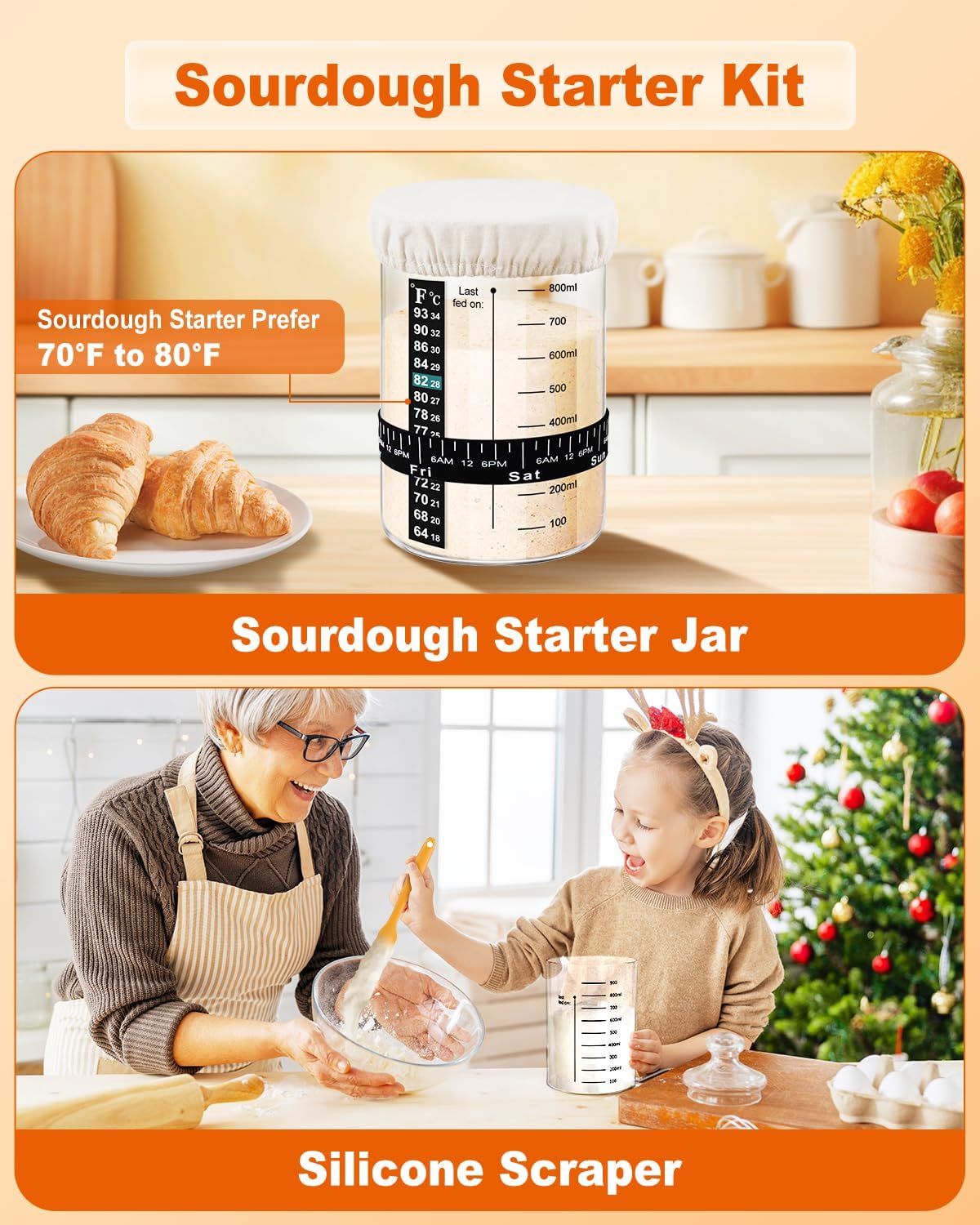 Sourdough Bread Baking Supplies Tools,10 Inch Oval & 9 Inch Round Banneton Bread Proofing Basket Set,Sourdough Starter Kit Gift for Bread Making (white with Starter Jar)