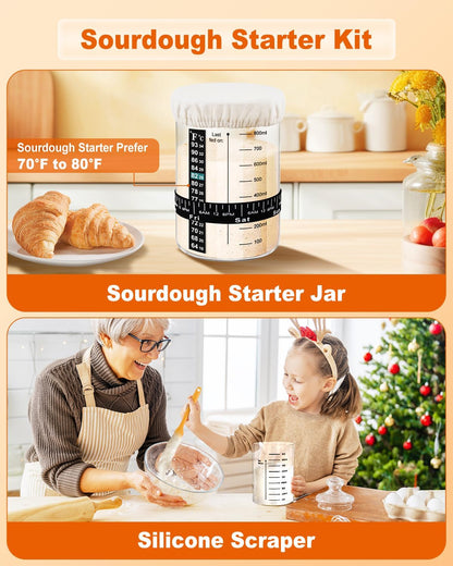 Sourdough Bread Baking Supplies Tools,10 Inch Oval & 9 Inch Round Banneton Bread Proofing Basket Set,Sourdough Starter Kit Gift for Bread Making (white with Starter Jar)