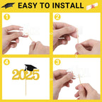 48 PCS Graduation Cupcake Toppers 2025, 6 Style Black and Gold Graduation Cake Toppers, Glitter Design Class of 2025 Toppers Grad Cupcake Picks, Disposable 2025 Graduation Decorations
