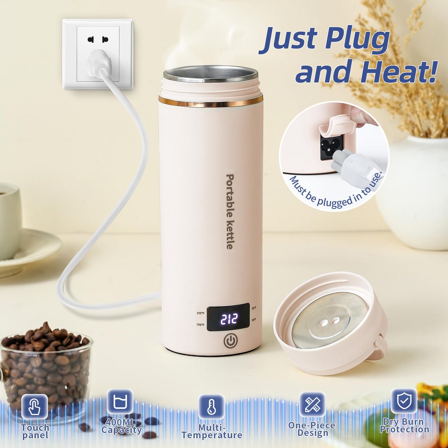 Travel Electric Kettle Portable Mini Kettle,Small Hot Water Boiler with 4 Temperature Settings,304 Stainless Steel,Fast Boiling Water with Auto Shut-Off and Boil Dry Protection (Beige, 400ML)