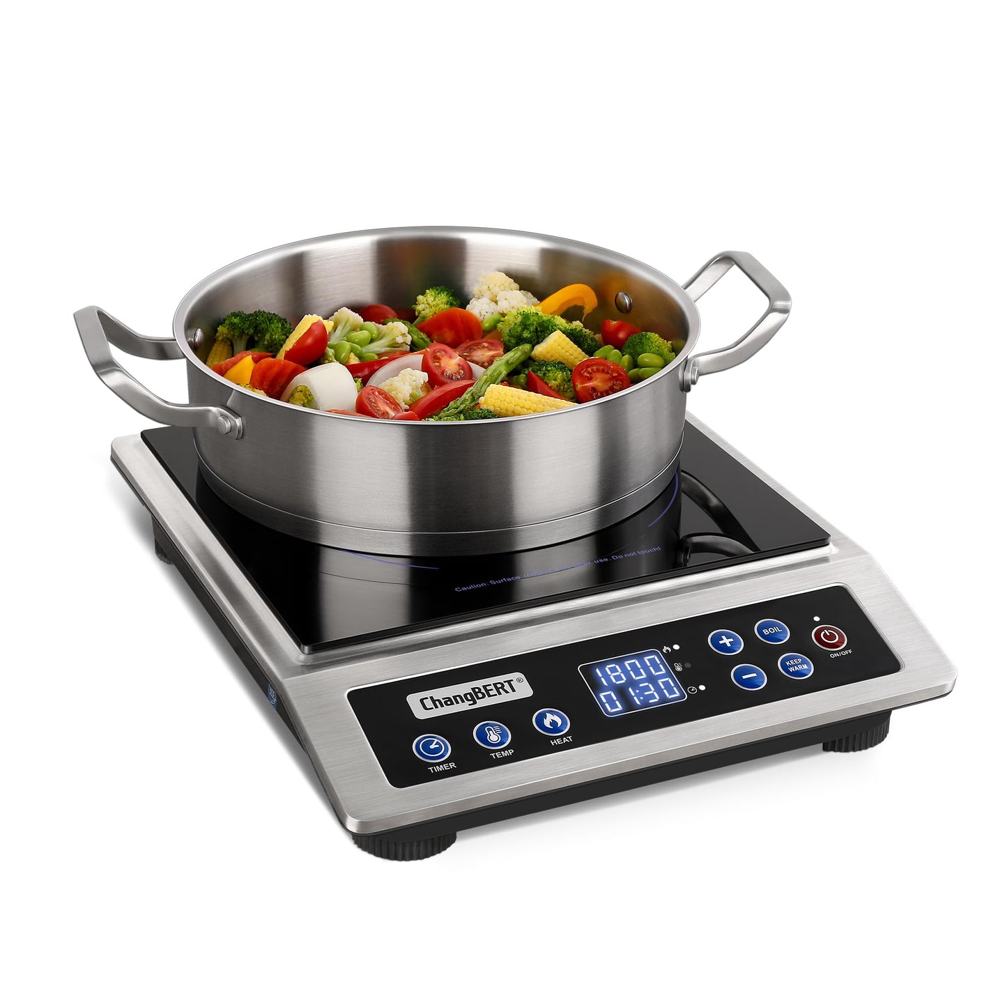 ChangBERT Portable Induction Cooktop, NSF Certified Pro Induction Hot Plate, Powerful 1800W with Large 8" Heating Coil, 18/10 Commercial Grade Stainless Steel, 18 Temp Settings Countertop Burner