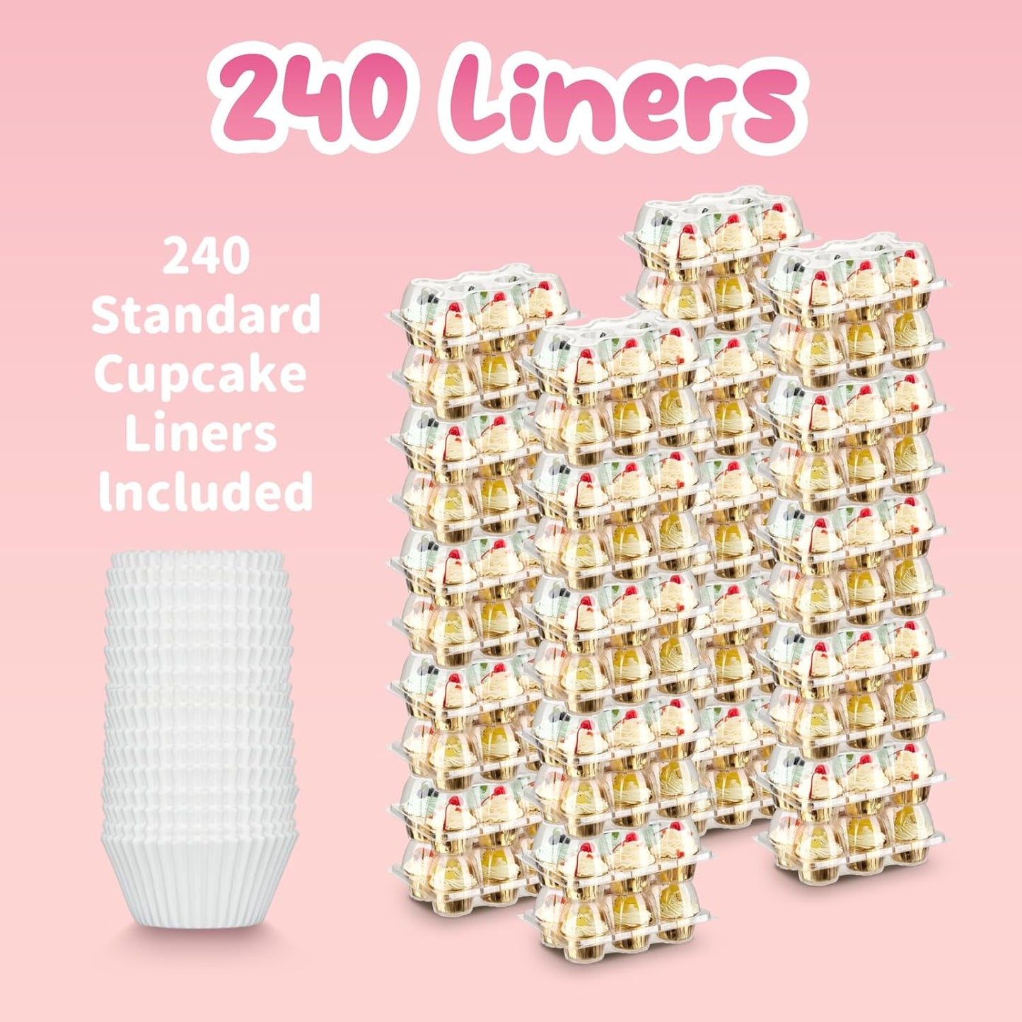 (6 Count x 40 Sets) Stackable Cupcake Containers with 240 Pack Liners, Plastic Cupcakes Boxes Holders for 6 cakes, High Tall Dome Lid Cupcakes Carrier, Clear Cupcake Trays/Containers/Holders