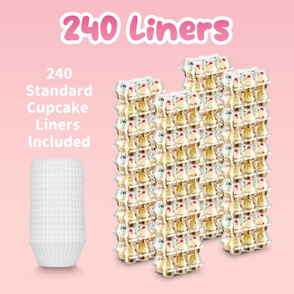 (6 Count x 40 Sets) Stackable Cupcake Containers with 240 Pack Liners, Plastic Cupcakes Boxes Holders for 6 cakes, High Tall Dome Lid Cupcakes Carrier, Clear Cupcake Trays/Containers/Holders