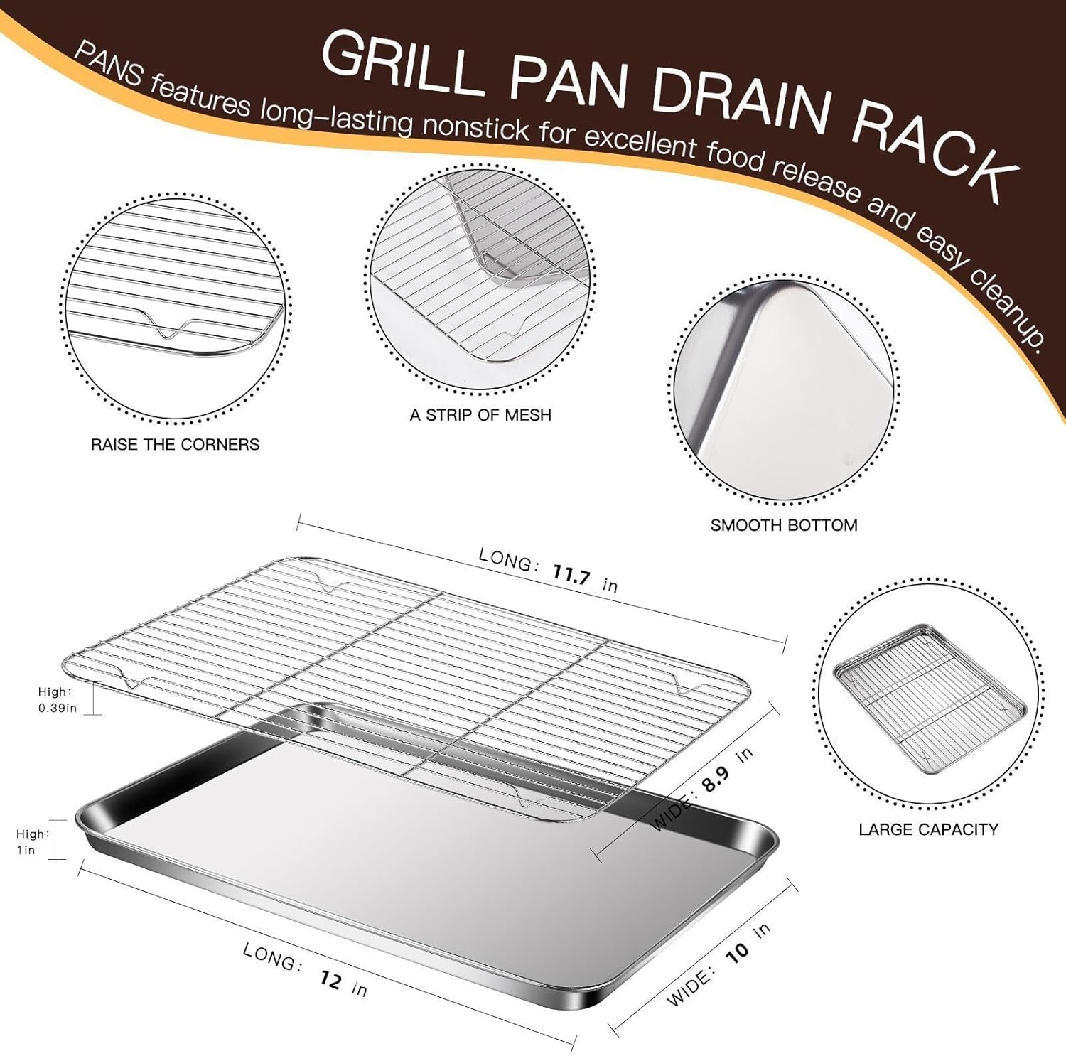 Baking Sheet with Racks Set [2 Sheets + 2 Racks], Stainless Steel Baking Sheets with Cooling Racks, Nonstick Pan, Warp Proof & Rust Proof & Easy to Clean, Size 12 X 10 X 1 Inch