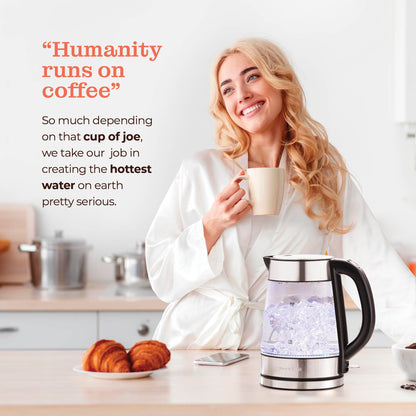 Speed-Boil Electric Kettle For Coffee & Tea - 1.7L Water Boiler 1500W, Borosilicate Glass, Easy Clean Wide Opening, Auto Shut-Off, Cool Touch Handle, LED Light. 360° Rotation, Boil Dry Protection