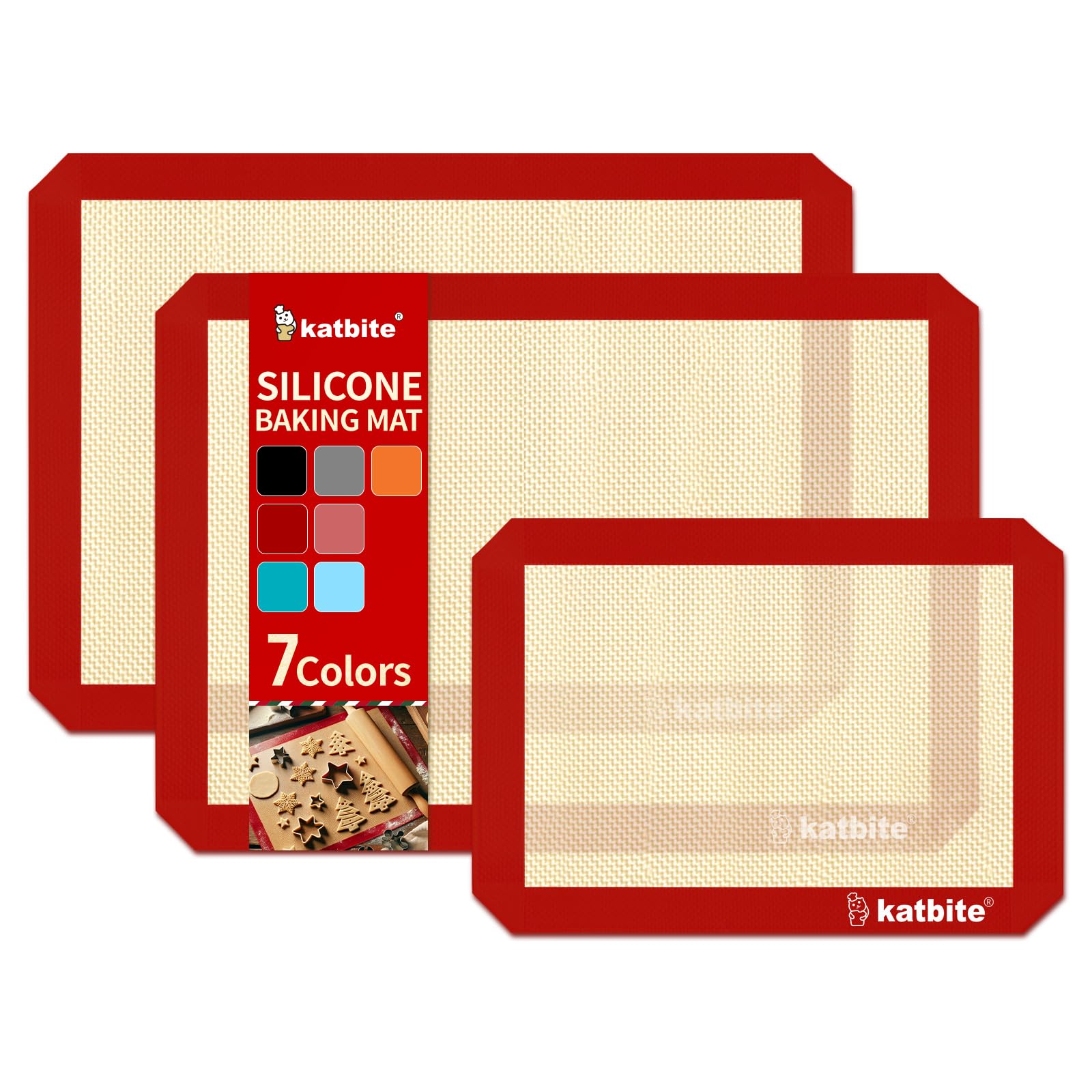 Silicone Baking Mat, Katbite Large Baking Mat Set of 3-2 Half Sheets Mats (11 5/8" x 16 1/2") + 1 Quarter Baking Sheets, Reusable & Nonstick Bakeware Mats for Cookies, Macarons, Bread and Pastry