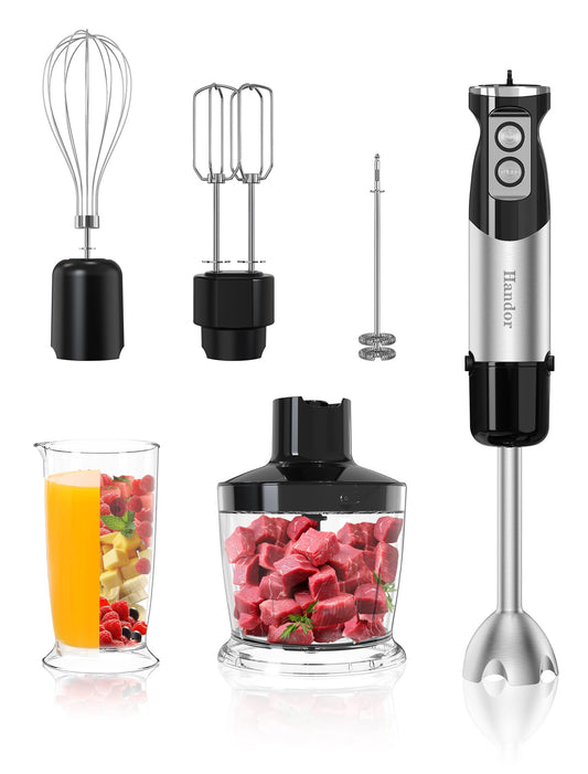 1000W 6-in-1 Immersion Blender Handheld, 12 Speed Hand Blender with 600ml Mixing Beaker, 500ml Chopper, 304 Stainless Steel Blades, Whisk, Milk Frother For Soup, Smoothie, Sauce, Pureel