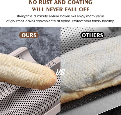Baguette Pan French Bread Pans For Baking Pans, Nonstick 2 Slots Perforated Italian Loaf Pan Mold Long French Bread Pan Golden