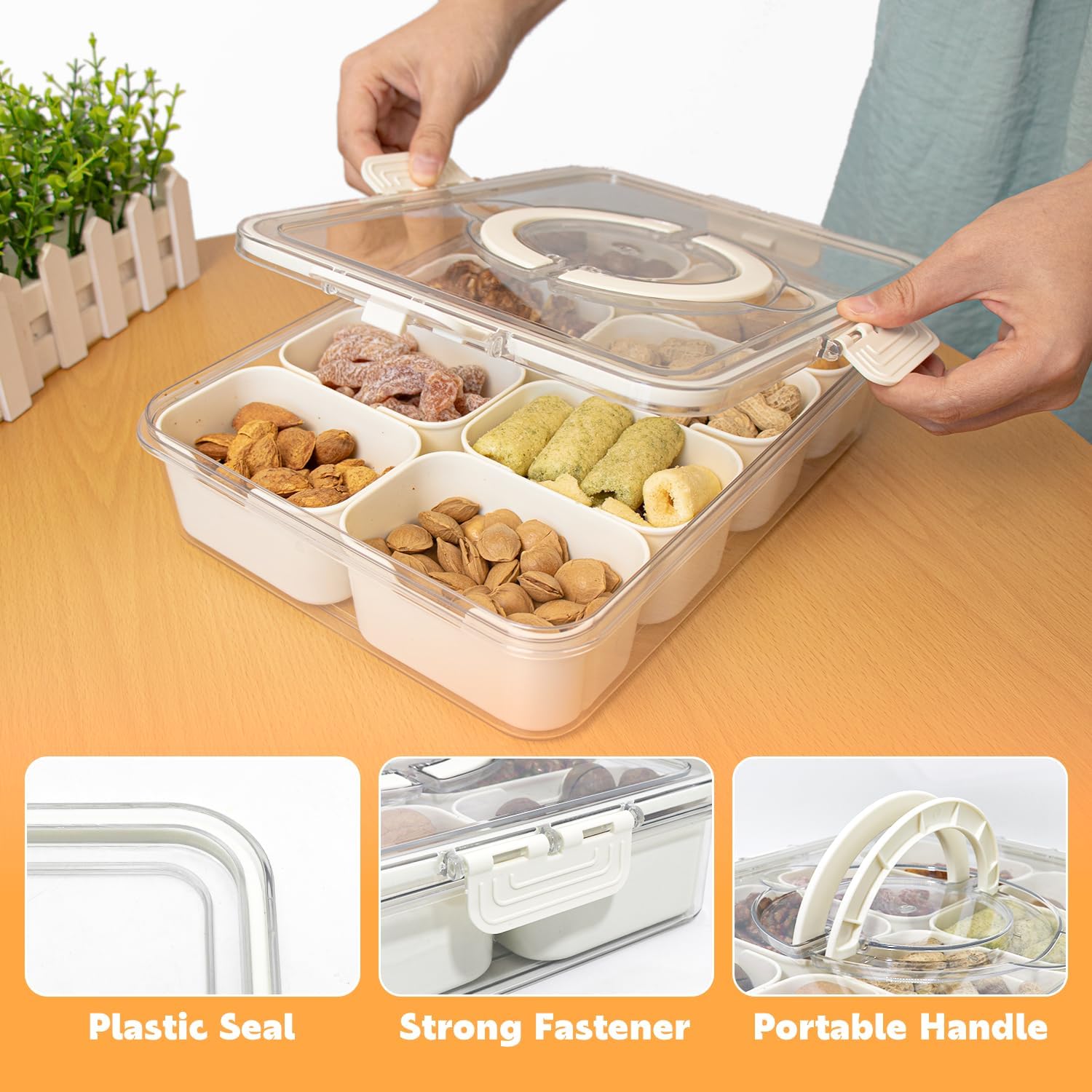 Divided Serving Tray with Lid and Handle,8 Compartments Snacks Box,Snack Fruit and Veggie Tray,Portable Platter for Candy Fruits Nuts Snack Party Entertaining Picnic (1 PCS)