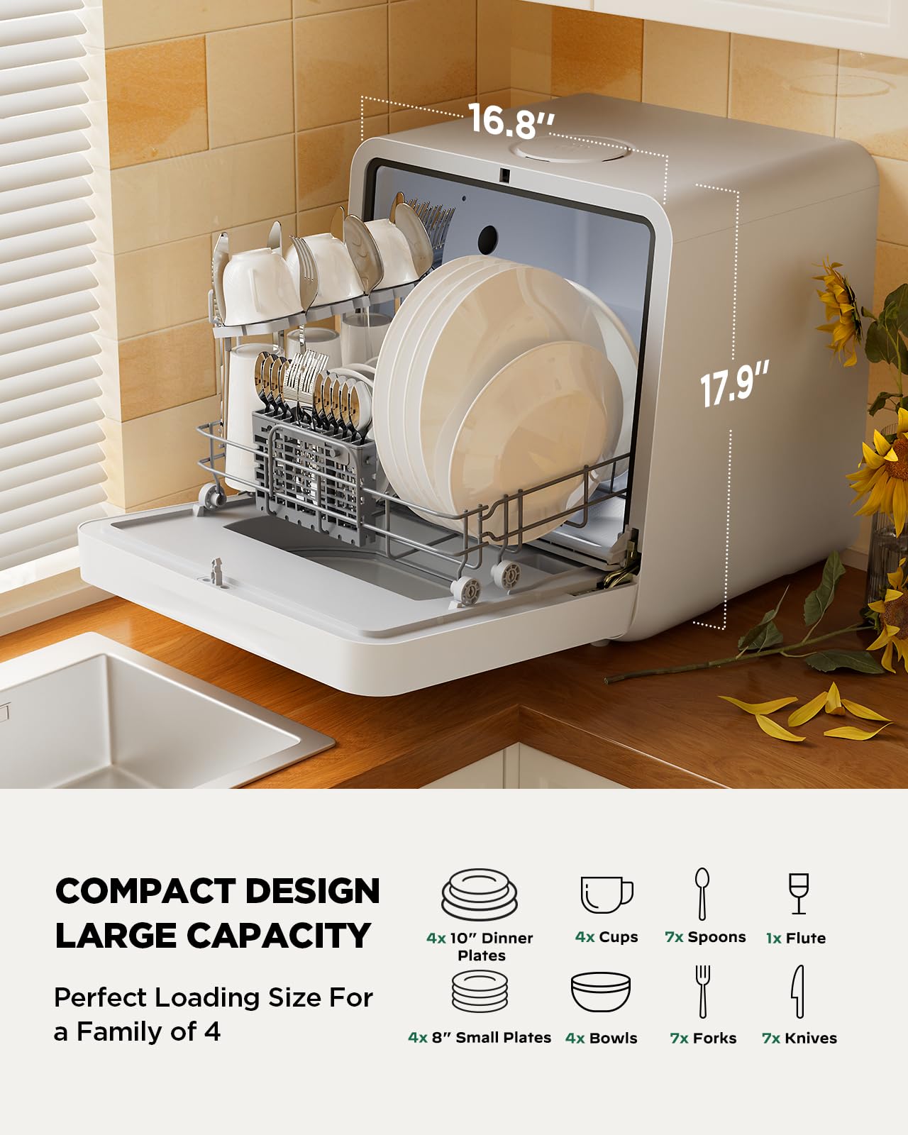 Silonn Compact Countertop Dishwasher with Smart App Control, Portable Dishwasher Countertop with Triple-Jet Cleaning System, Built-In Water Tank, Ideal Mini Dishwasher for Kitchens and RVs