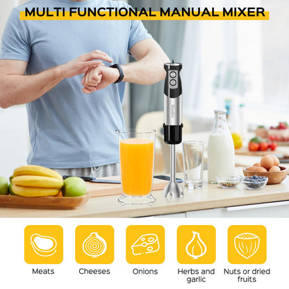 1000W 6-in-1 Immersion Blender Handheld, 12 Speed Hand Blender with 600ml Mixing Beaker, 500ml Chopper, 304 Stainless Steel Blades, Whisk, Milk Frother For Soup, Smoothie, Sauce, Pureel