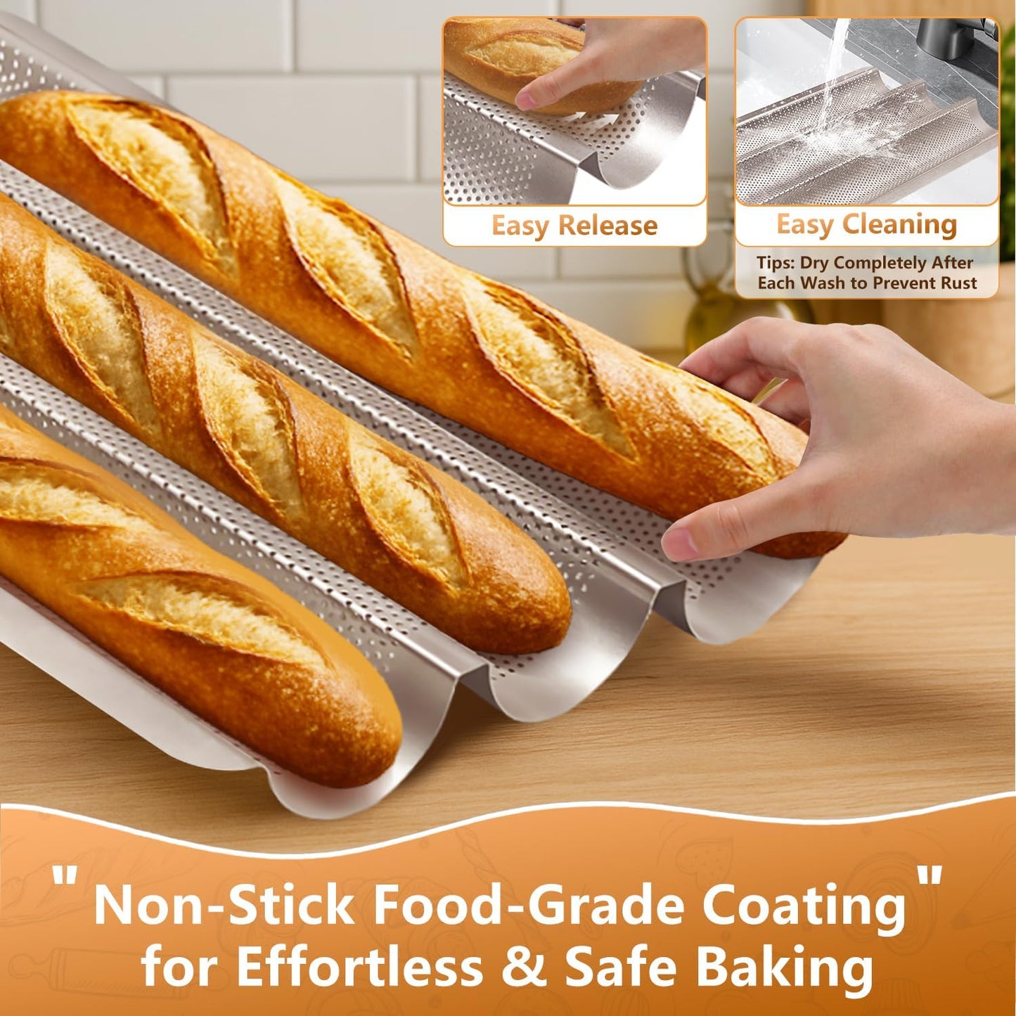 Baguette Pans 15" x 11", 3 Loaf Nonstick Baguette Baking Tray for French & Italian Bread with Proofing Cloth, Scoring Tool & 50pcs Parchment Paper, Home Bread Baking Supplies Kit
