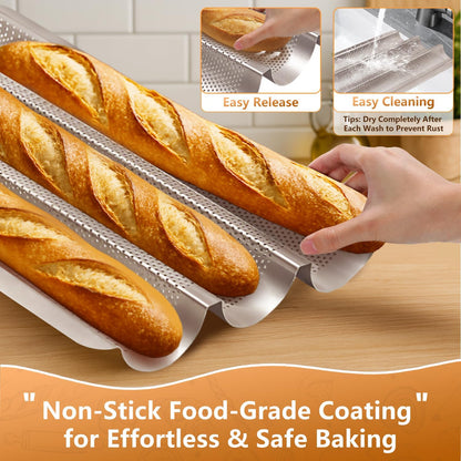 Baguette Pans 15" x 11", 3 Loaf Nonstick Baguette Baking Tray for French & Italian Bread with Proofing Cloth, Scoring Tool & 50pcs Parchment Paper, Home Bread Baking Supplies Kit