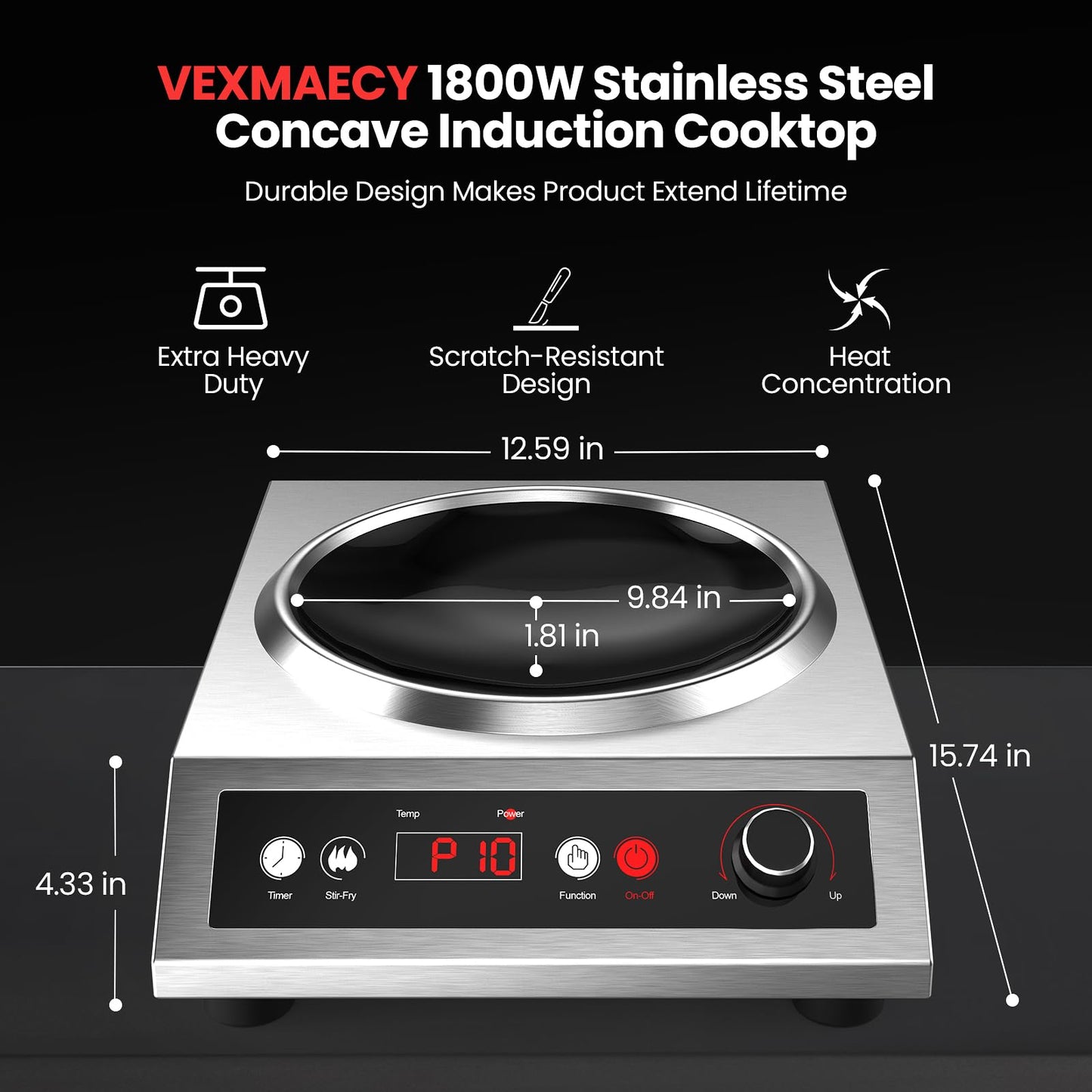 VEXMAECY 1800W Electric Wok Used For Home And Commercial,Induction Wok With Concave Surface Stainless Steel Strong Power Dual Control Mode 10 Power And Temp 24H Timer Induction Cooktop For Cooking