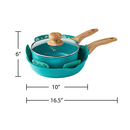 The Pioneers Womans Prairie Signature 30-Piece Cast Aluminum Cookware Set, Teal – Nonstick, Oven Safe, Durable Cookware with Utensils, Knives, and Storage Protection