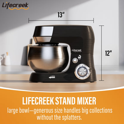 Lifecreek Stand Mixer, 5.3Qt 660W, 6-Speed Tilt-head Food Mixer, Electric Kitchen Portable Lightweight Mixer with Stainless Steel Bowl, Dough Hook, Whisk, Beater(Black)