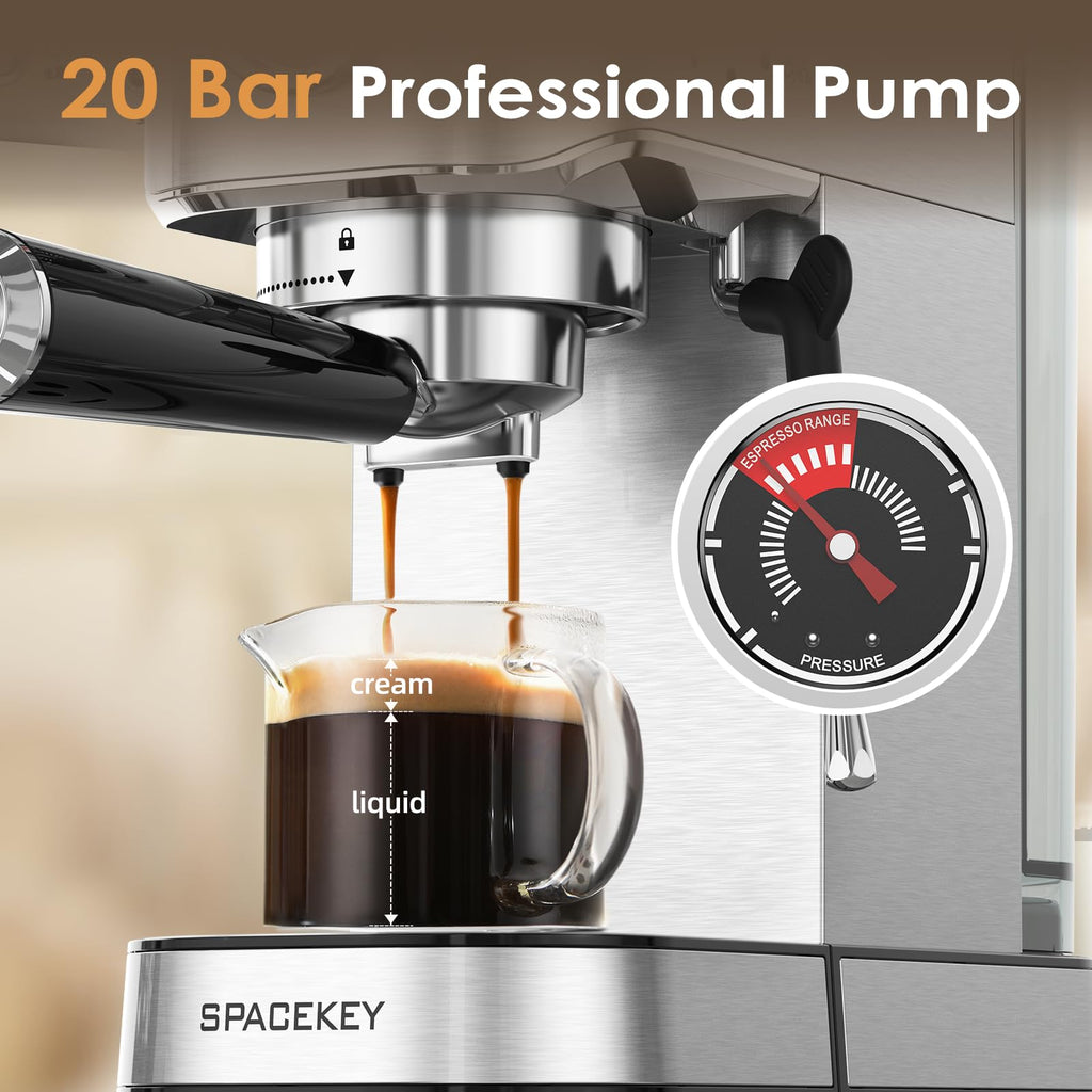 Ekspres do kawy Spacekey 20 barów, profesjonalny ekspres do kawy o mocy 1350 W ze spieniaczem do mleka, kompaktowy ekspres do cappuccino, latte i americano ze stali nierdzewnej z wyjmowanym zbiornikiem na wodę o pojemności 39 uncji, srebrny
