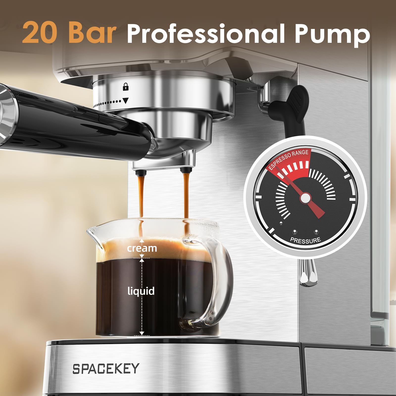 Ekspres do kawy Spacekey 20 barów, profesjonalny ekspres do kawy o mocy 1350 W ze spieniaczem do mleka, kompaktowy ekspres do cappuccino, latte i americano ze stali nierdzewnej z wyjmowanym zbiornikiem na wodę o pojemności 39 uncji, srebrny