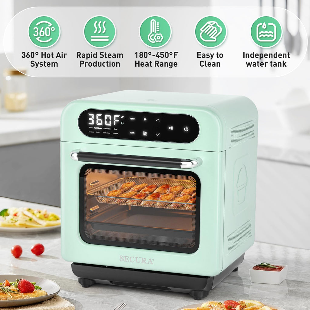 Piekarnik parowy Secura Multifunction Air Fryer, 13 Quart Compact Oven z funkcją pieczenia konwekcyjnego, Airfryer, Rapid Steam, Ferment, Dehydrator Combo, odżywczy i pyszny parowar do gotowania (Mięta zielona)