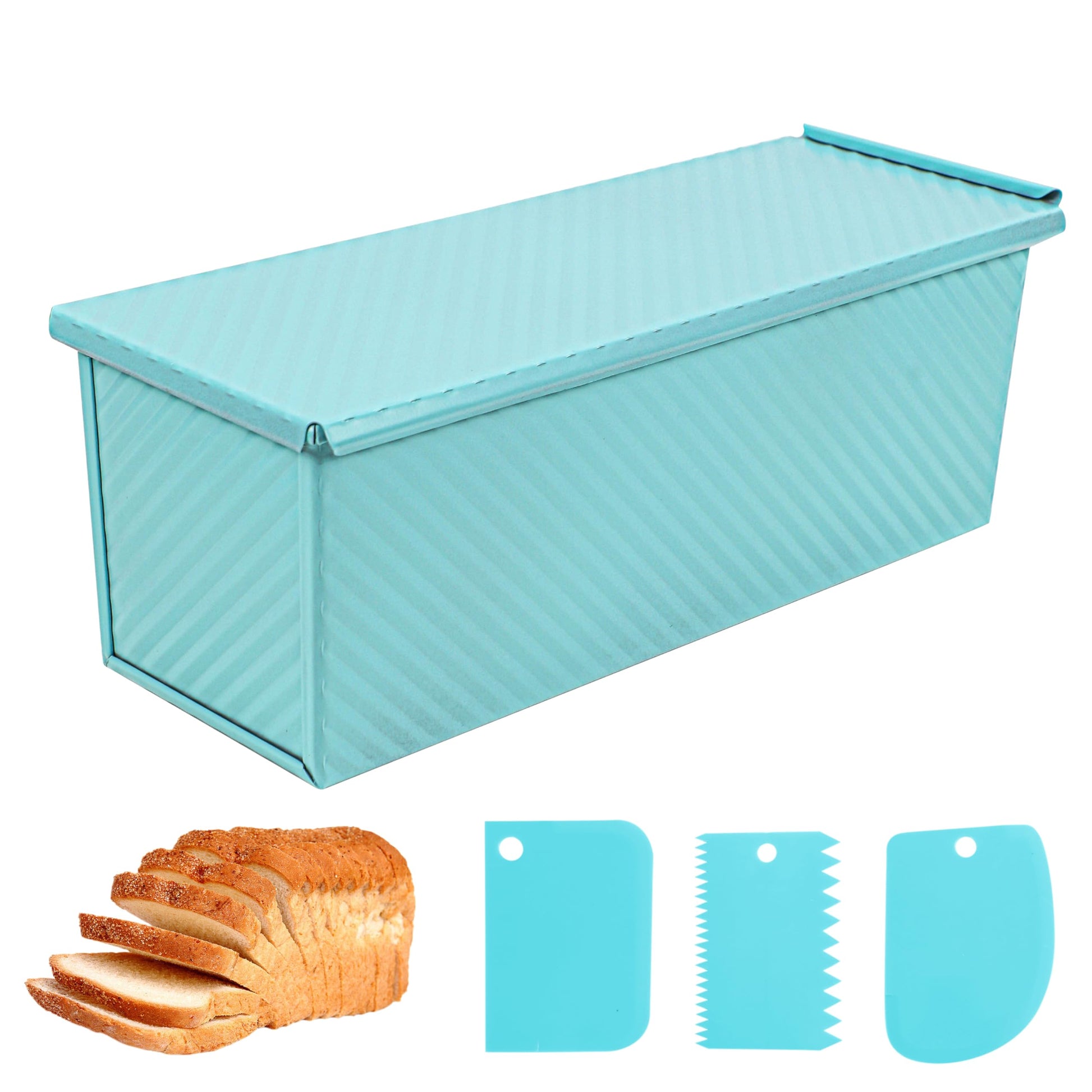 Pullman Loaf Pan with Lid, 1Pound Dough Capacity Rectangular Bread Pan, Non-Stick Long Bread Pans for Homemade Bread, 9x4inch Pullman Loaf Pan with Dough Scraper Cutter for Sandwich Bread